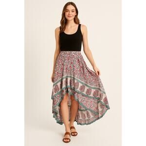 Miss June Paris Garden Turquoise Hi Lo Sequin Embellished Maxi Skirt Size Small